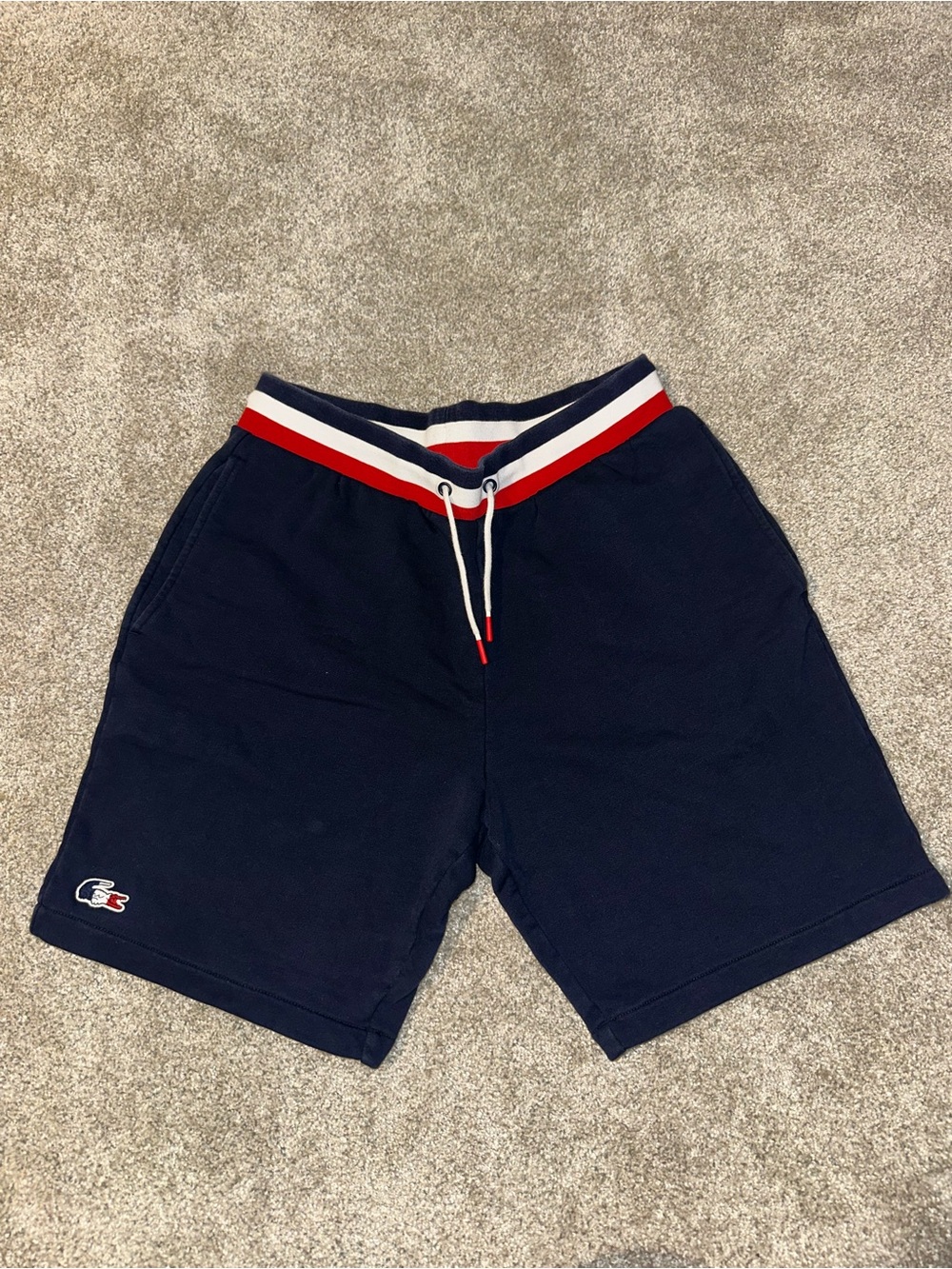 Lacoste Navy Athletic Shorts with Red & White Waistband